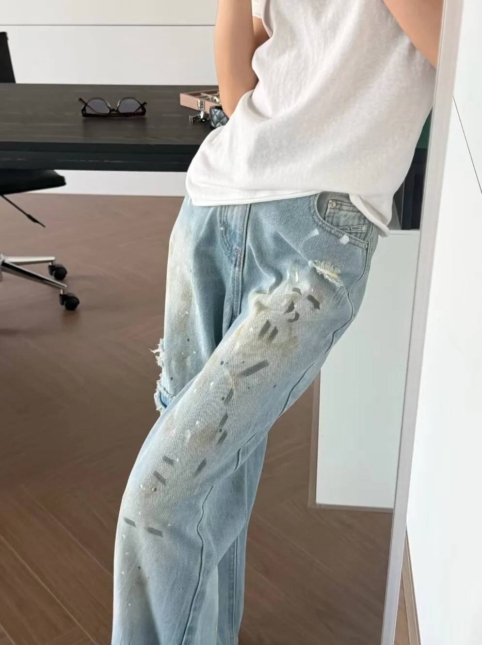 Distressed Paint Splatter Wide Leg Jeans - kcplan