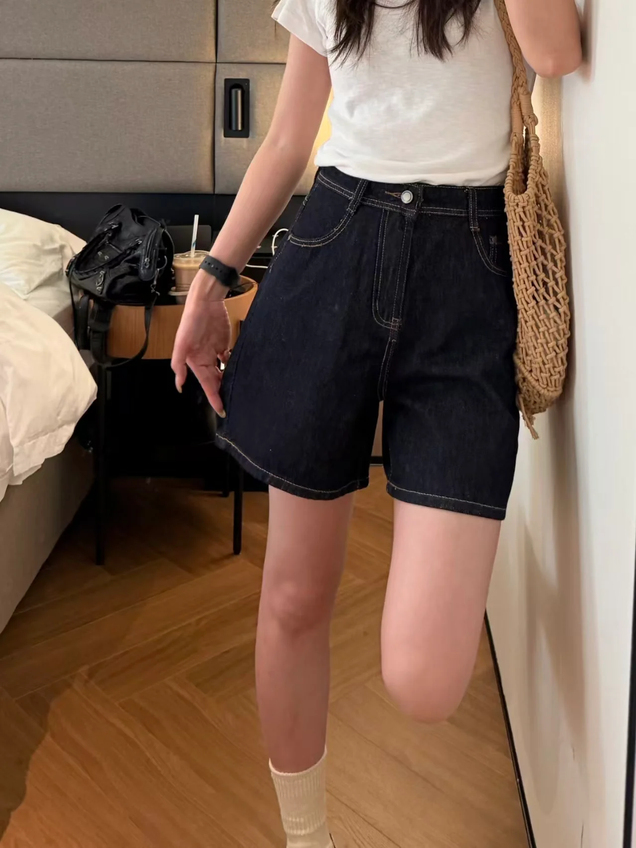 High-Waist Raw Denim Biker Shorts - kcplan